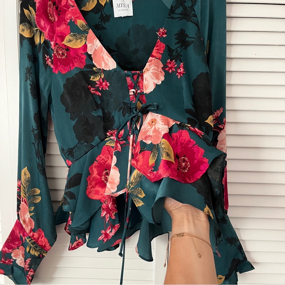 Misa Los Angeles green floral print ruffle peplum hem long sleeve blouse size S. - Picture 2 of 12